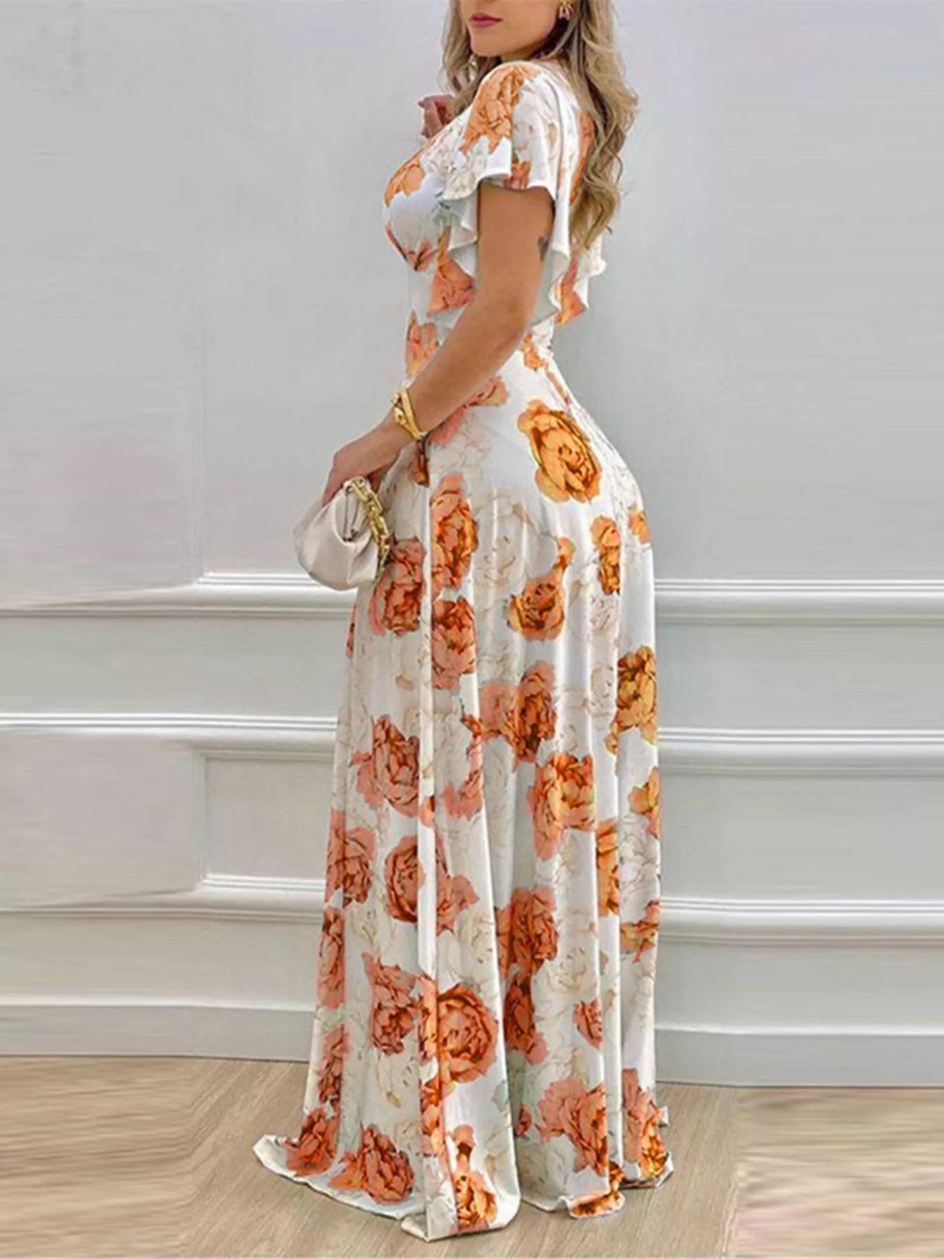 Floral Ruffle Sleeve Maxi Dress | V-Neck | Teal, Pumpkin & Fuchsia - ShopNQlik