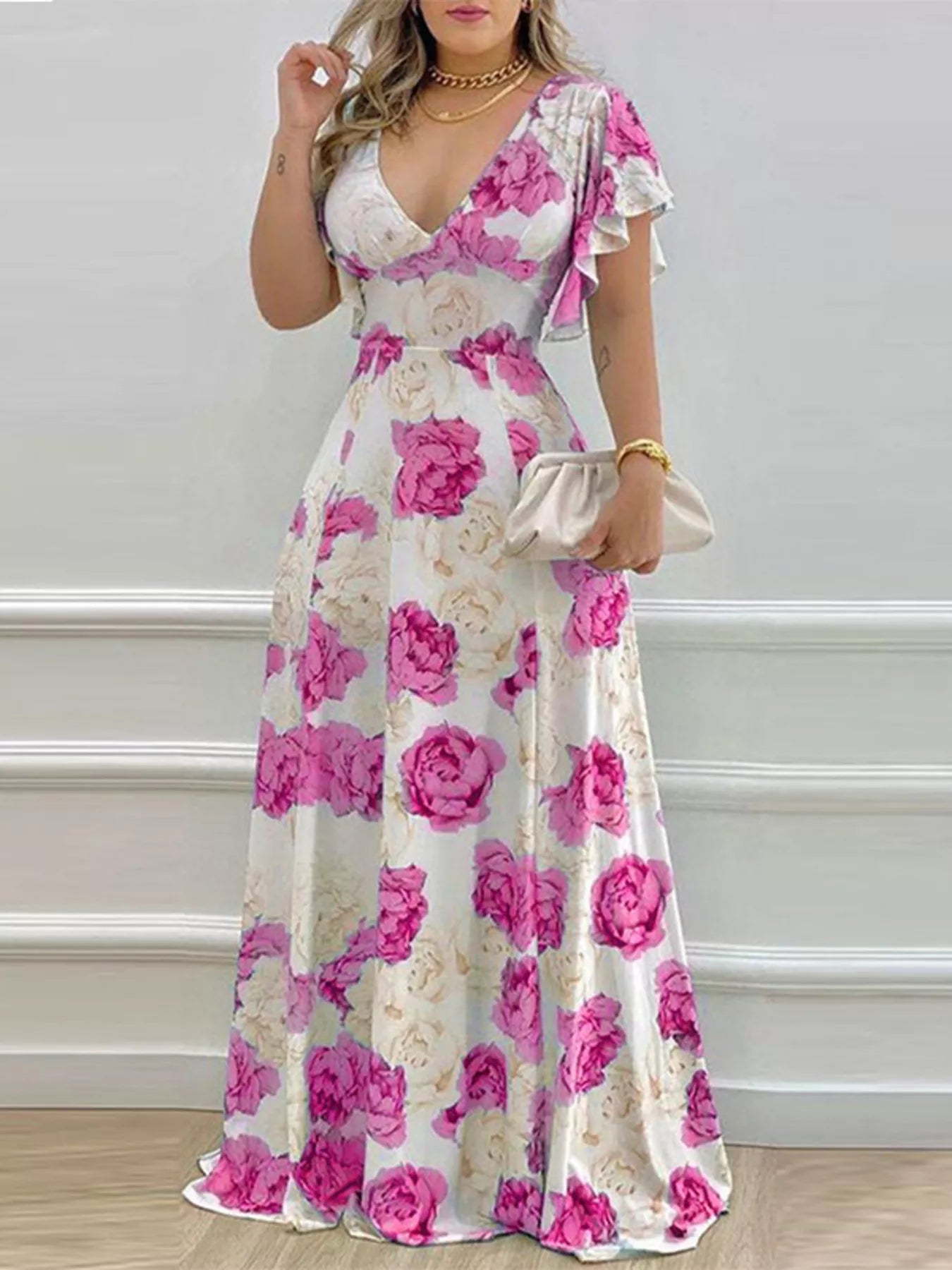 Floral Ruffle Sleeve Maxi Dress | V-Neck | Teal, Pumpkin & Fuchsia - ShopNQlik