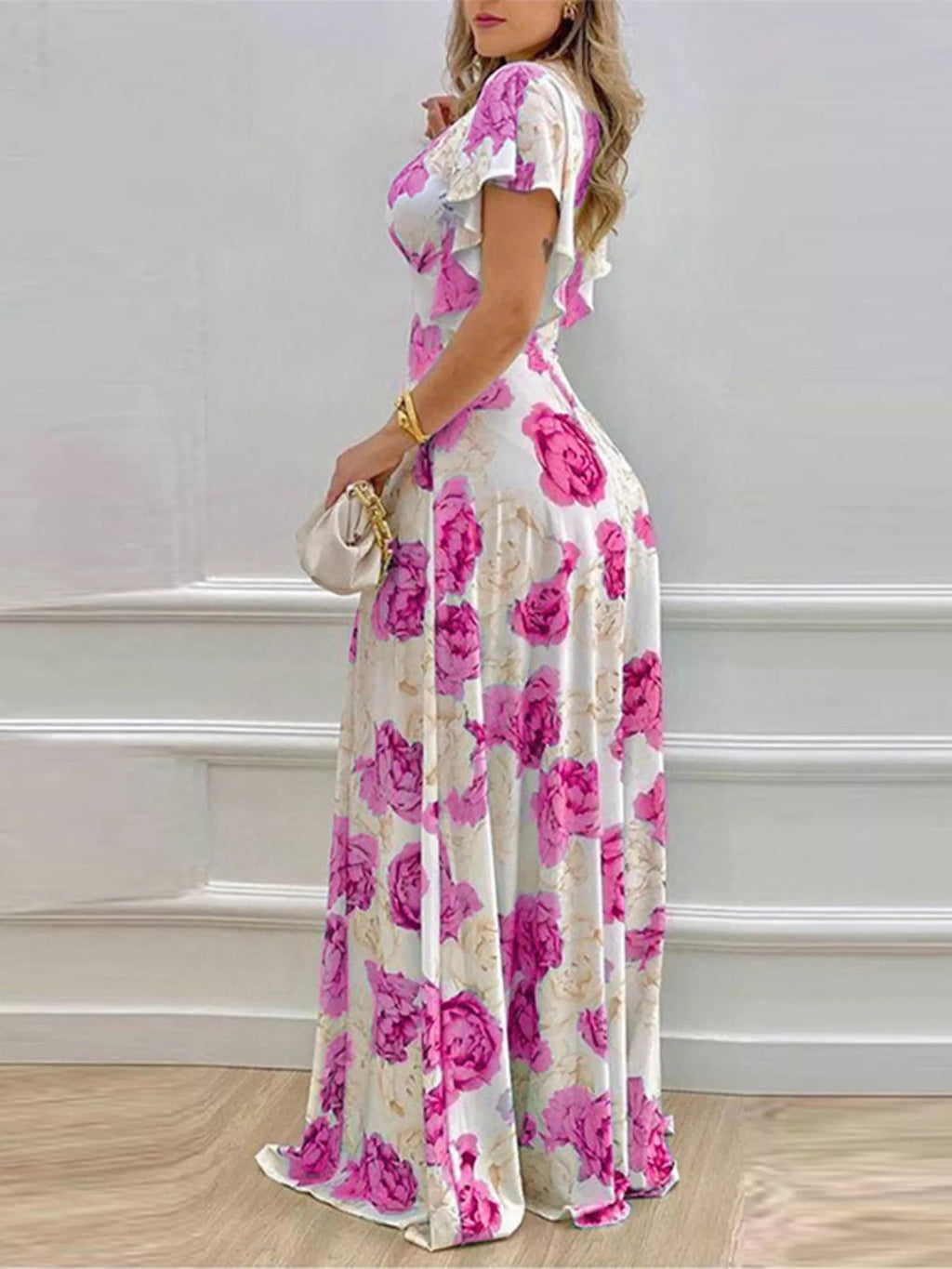 Floral Ruffle Sleeve Maxi Dress | V-Neck | Teal, Pumpkin & Fuchsia - ShopNQlik