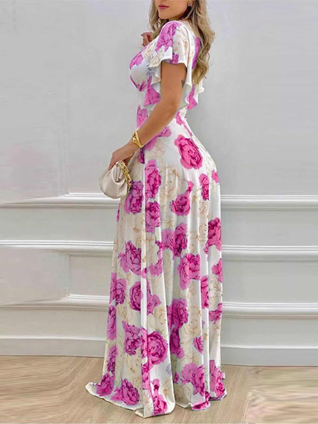 Floral Ruffle Sleeve Maxi Dress | V-Neck | Teal, Pumpkin & Fuchsia - ShopNQlik