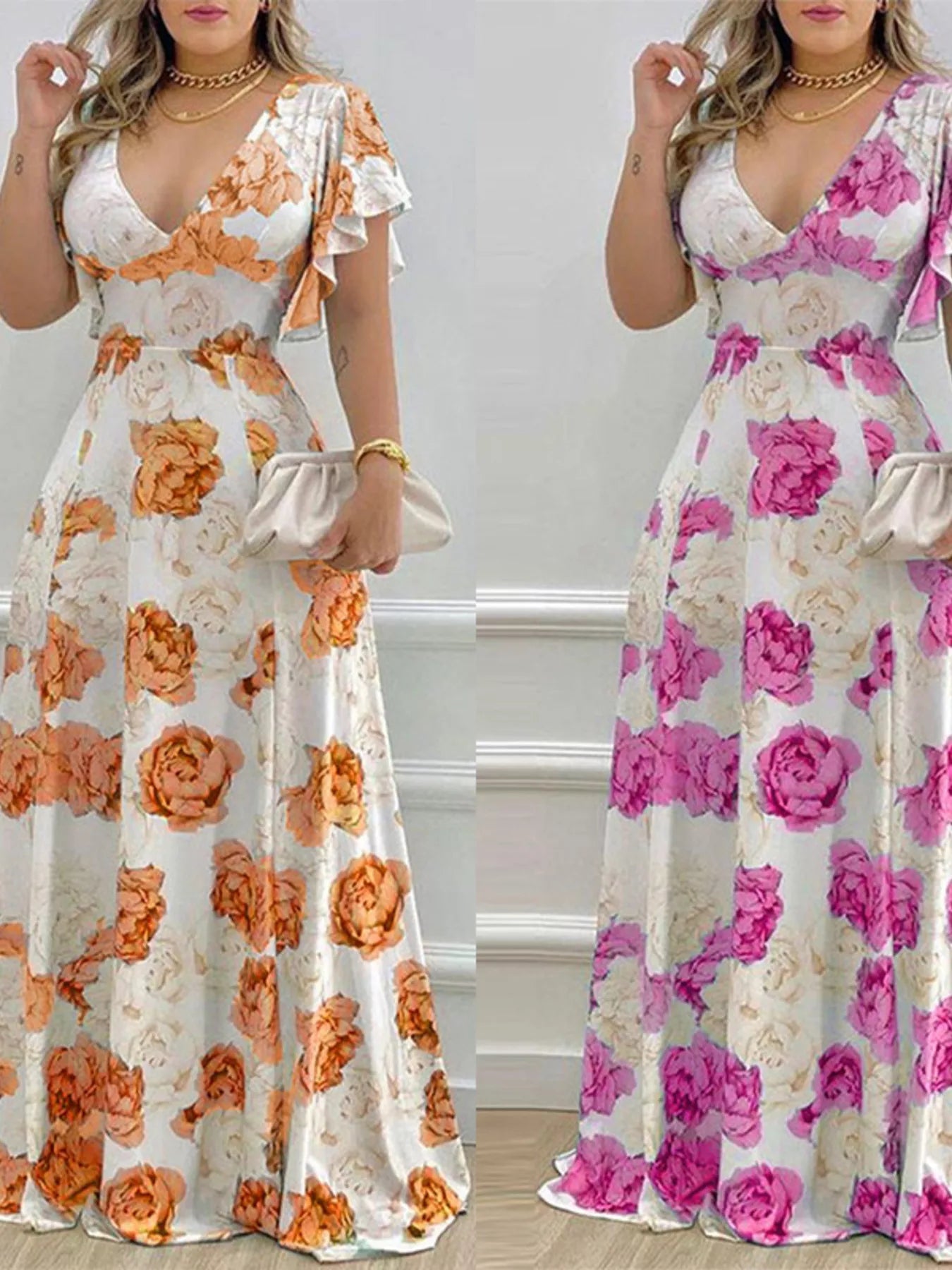 Floral Ruffle Sleeve Maxi Dress | V-Neck | Teal, Pumpkin & Fuchsia - ShopNQlik