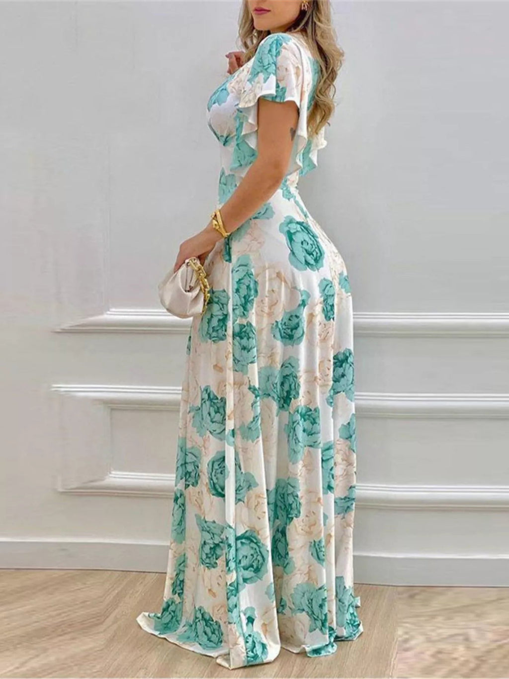 Floral Ruffle Sleeve Maxi Dress | V-Neck | Teal, Pumpkin & Fuchsia - ShopNQlik