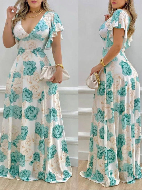 Floral Ruffle Sleeve Maxi Dress | V-Neck | Teal, Pumpkin & Fuchsia - ShopNQlik