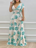 Floral Ruffle Sleeve Maxi Dress | V-Neck | Teal, Pumpkin & Fuchsia - ShopNQlik