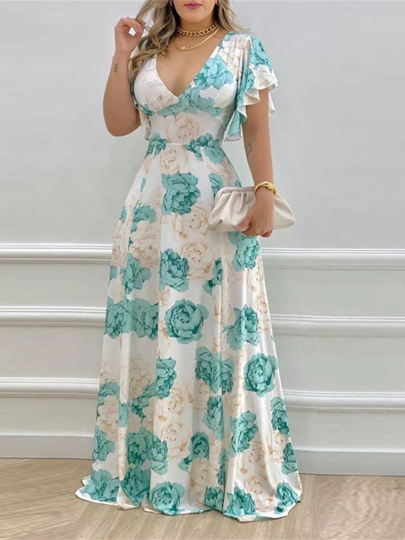 Floral Ruffle Sleeve Maxi Dress | V-Neck | Teal, Pumpkin & Fuchsia - ShopNQlik
