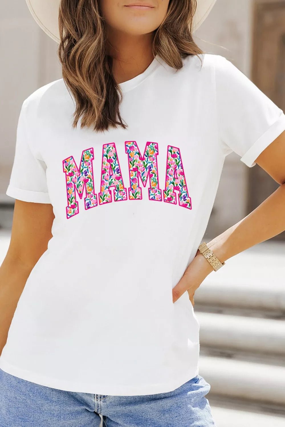 Full Size Floral Mama Graphic Casual Short Sleeve T-Shirt Plus Size - ShopNQlik