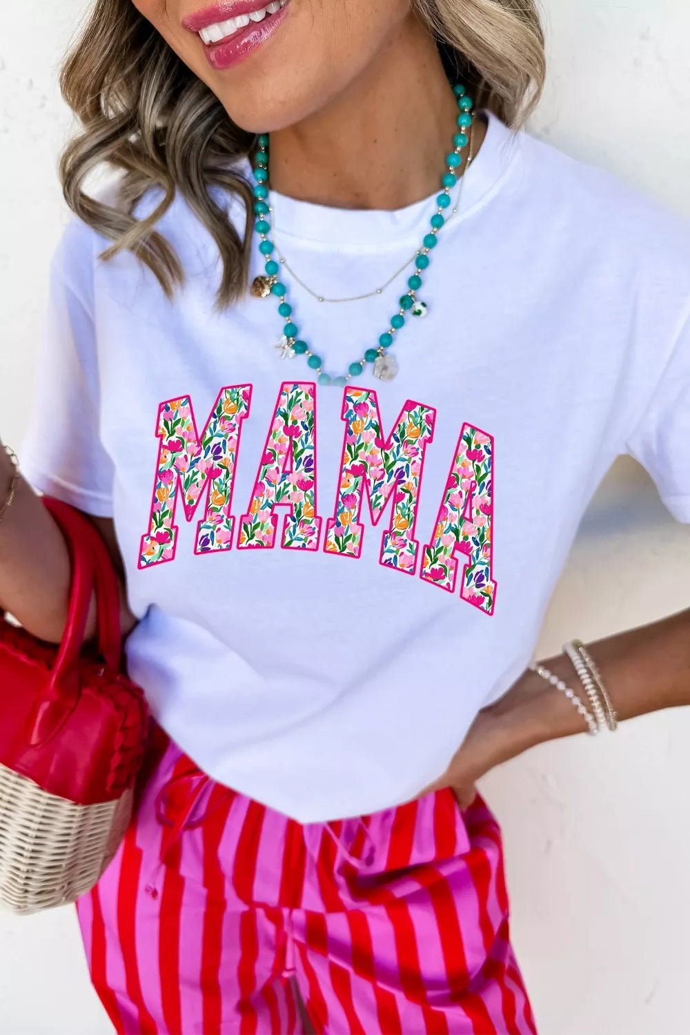 Full Size Floral Mama Graphic Casual Short Sleeve T-Shirt Plus Size - ShopNQlik