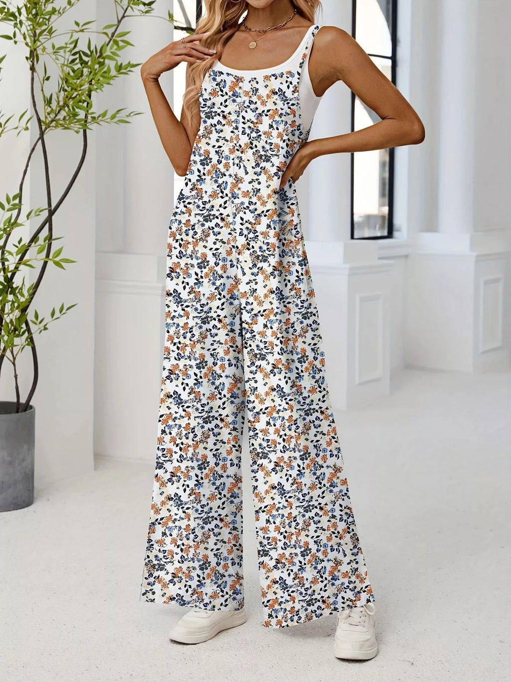 Full Size Floral Print Wide Leg Casual Jumpsuit Plus Size - ShopNQlik