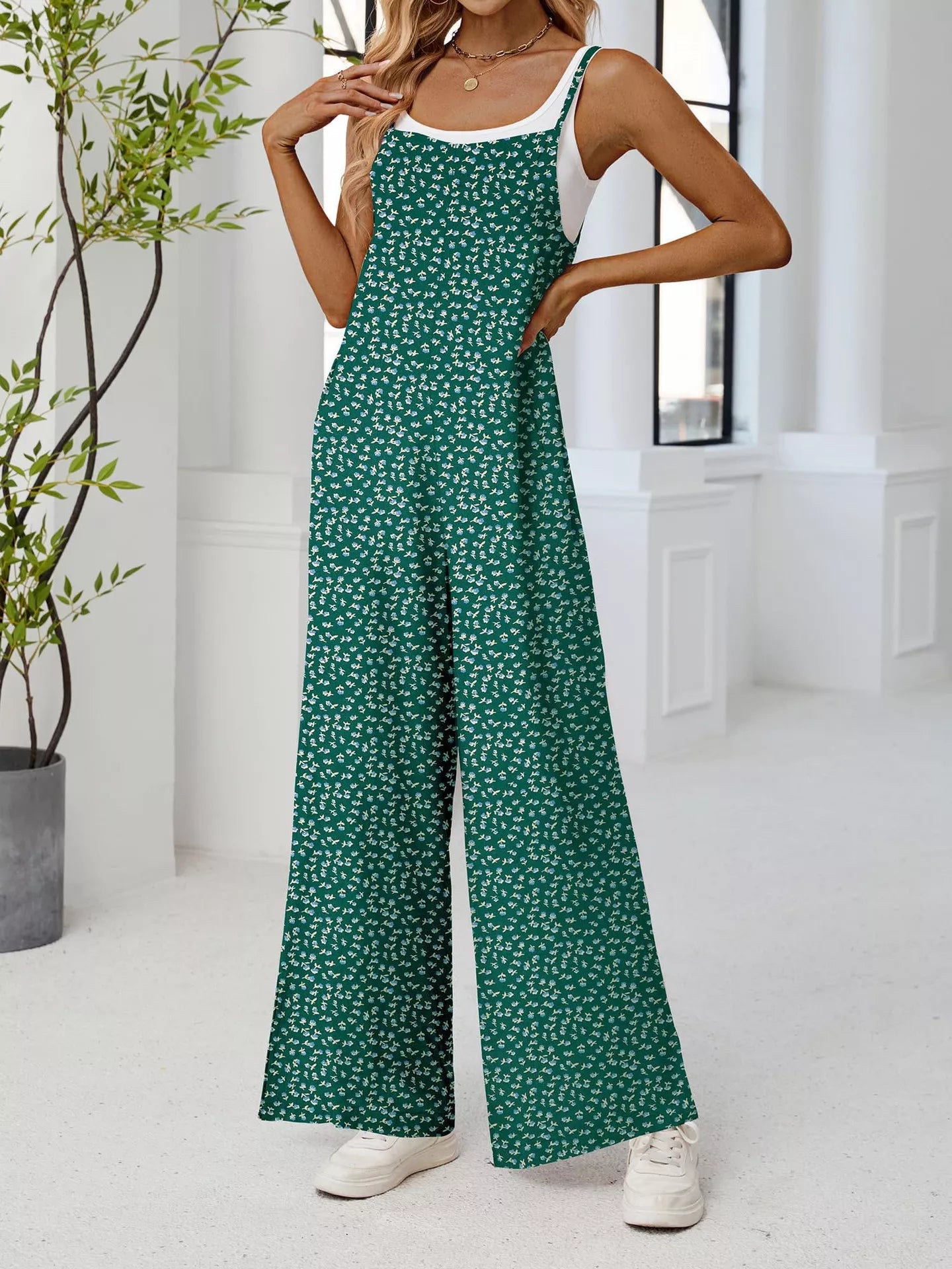 Full Size Floral Print Wide Leg Casual Jumpsuit Plus Size - ShopNQlik