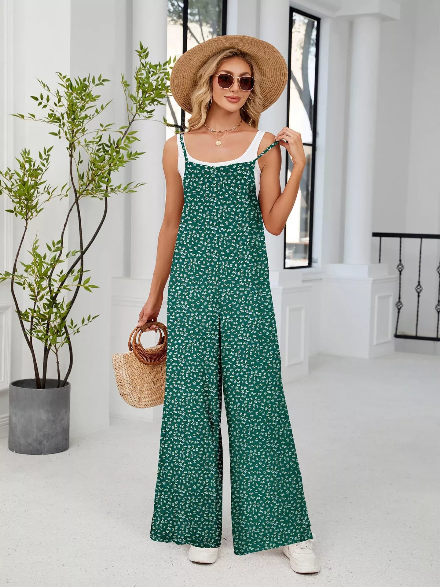Full Size Floral Print Wide Leg Casual Jumpsuit Plus Size - ShopNQlik