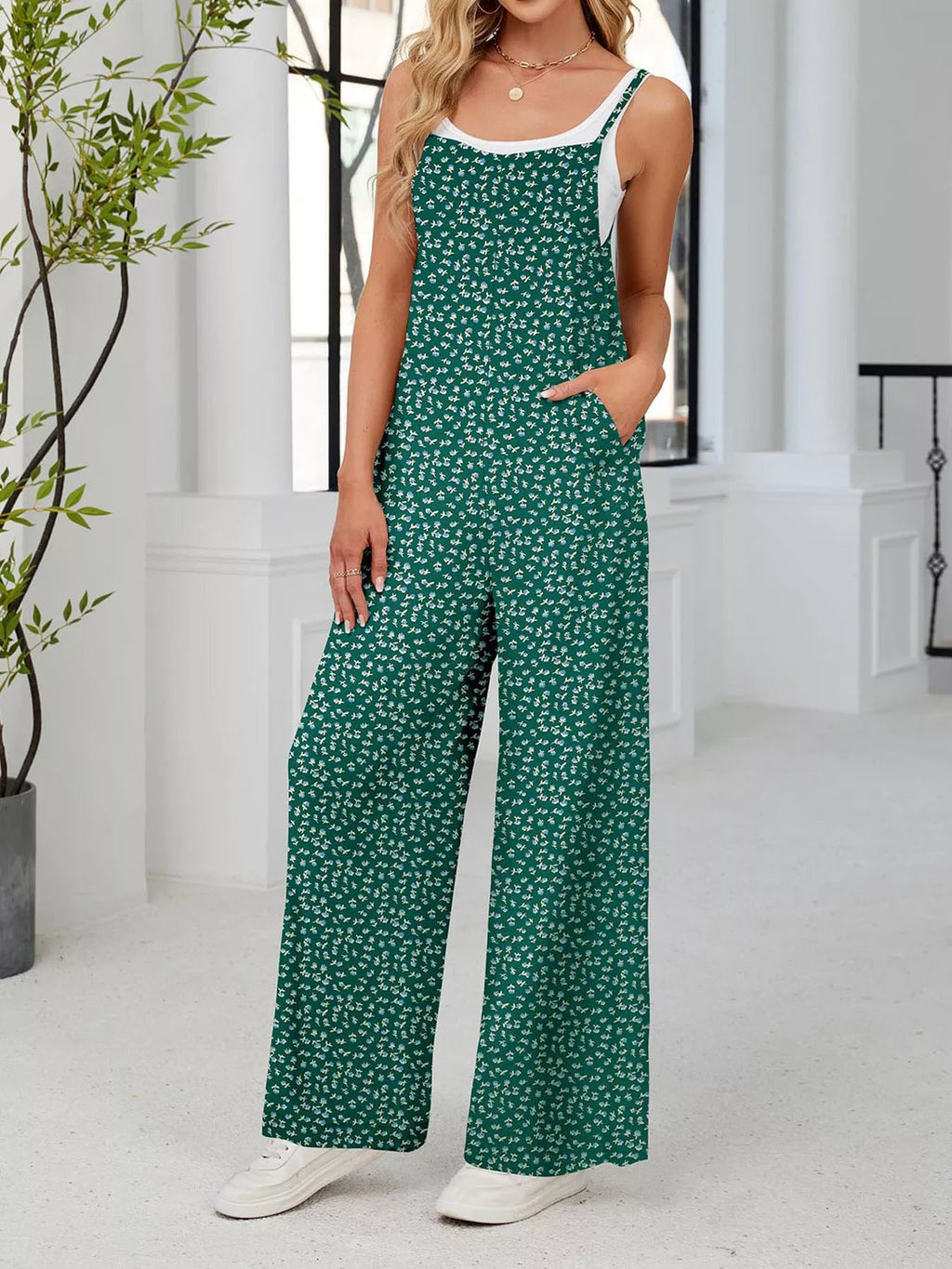 Full Size Floral Print Wide Leg Casual Jumpsuit Plus Size - ShopNQlik