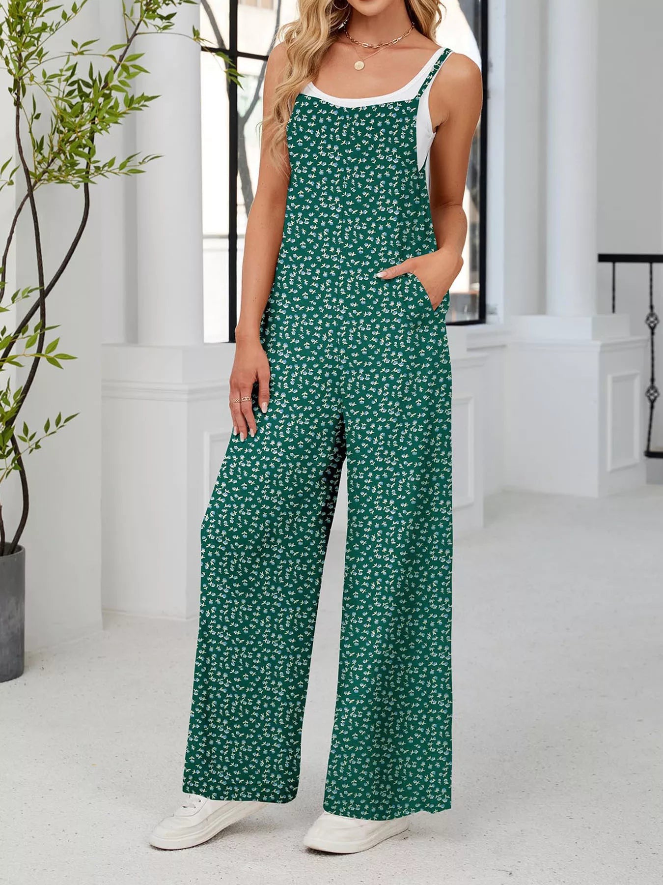 Full Size Floral Print Wide Leg Casual Jumpsuit Plus Size - ShopNQlik
