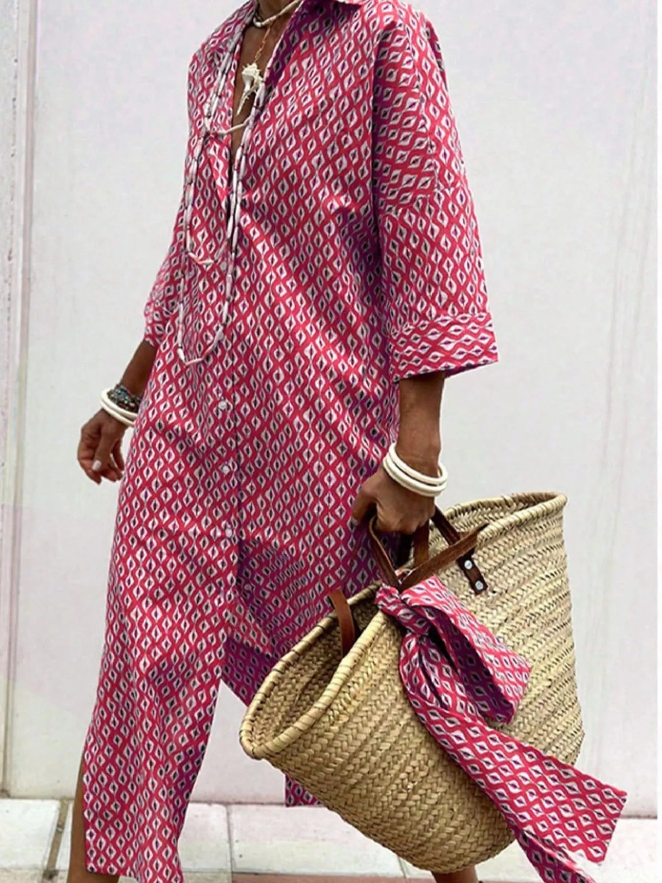 Full Size Printed Button-Down Midi Dress Plus Size - ShopNQlik