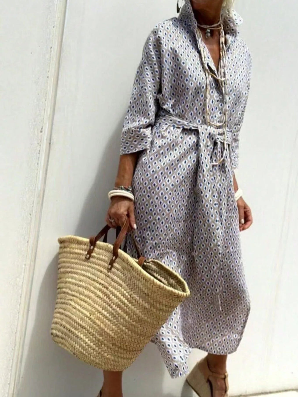 Full Size Printed Button-Down Midi Dress Plus Size - ShopNQlik