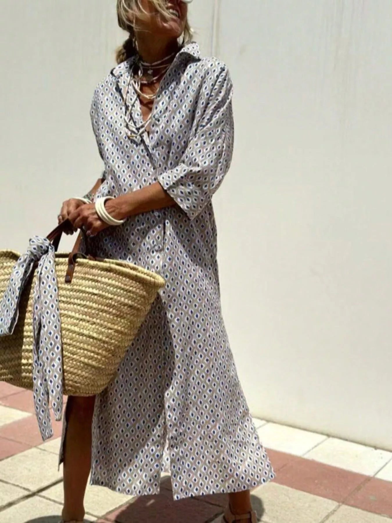 Full Size Printed Button-Down Midi Dress Plus Size - ShopNQlik