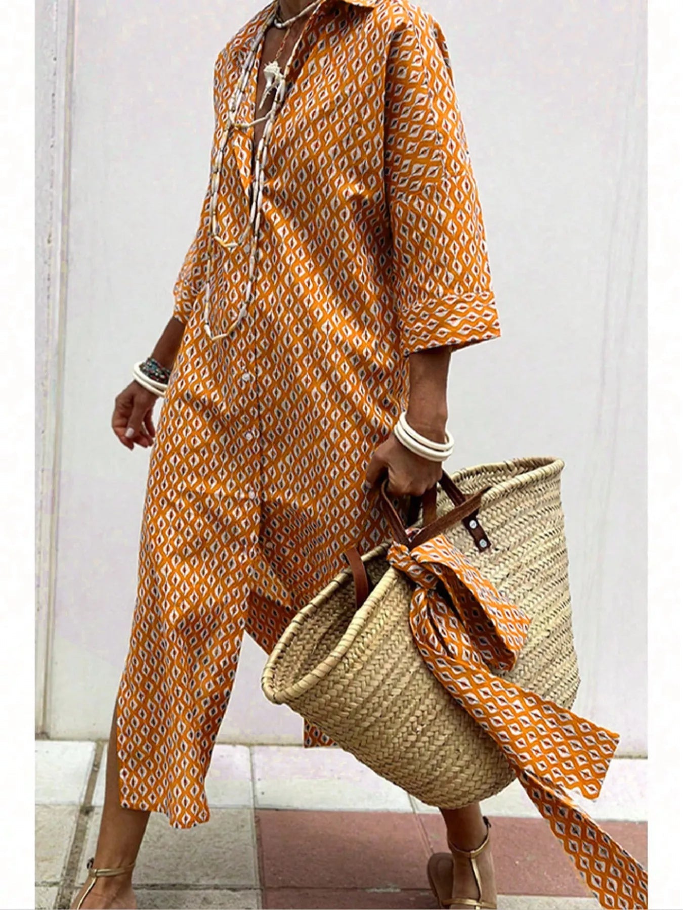 Full Size Printed Button-Down Midi Dress Plus Size - ShopNQlik
