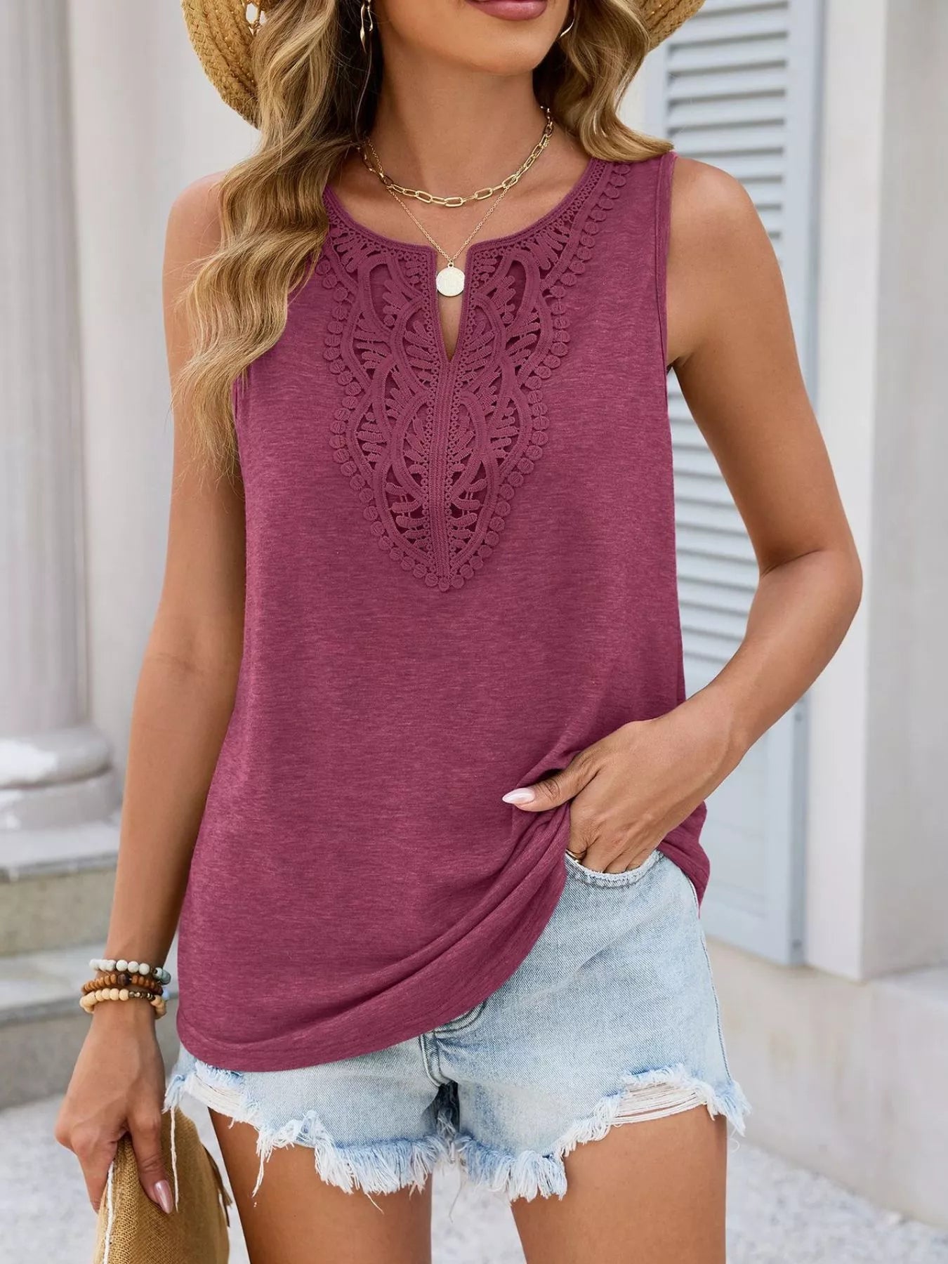 Lace Trim Sleeveless Tank Top - ShopNQlik