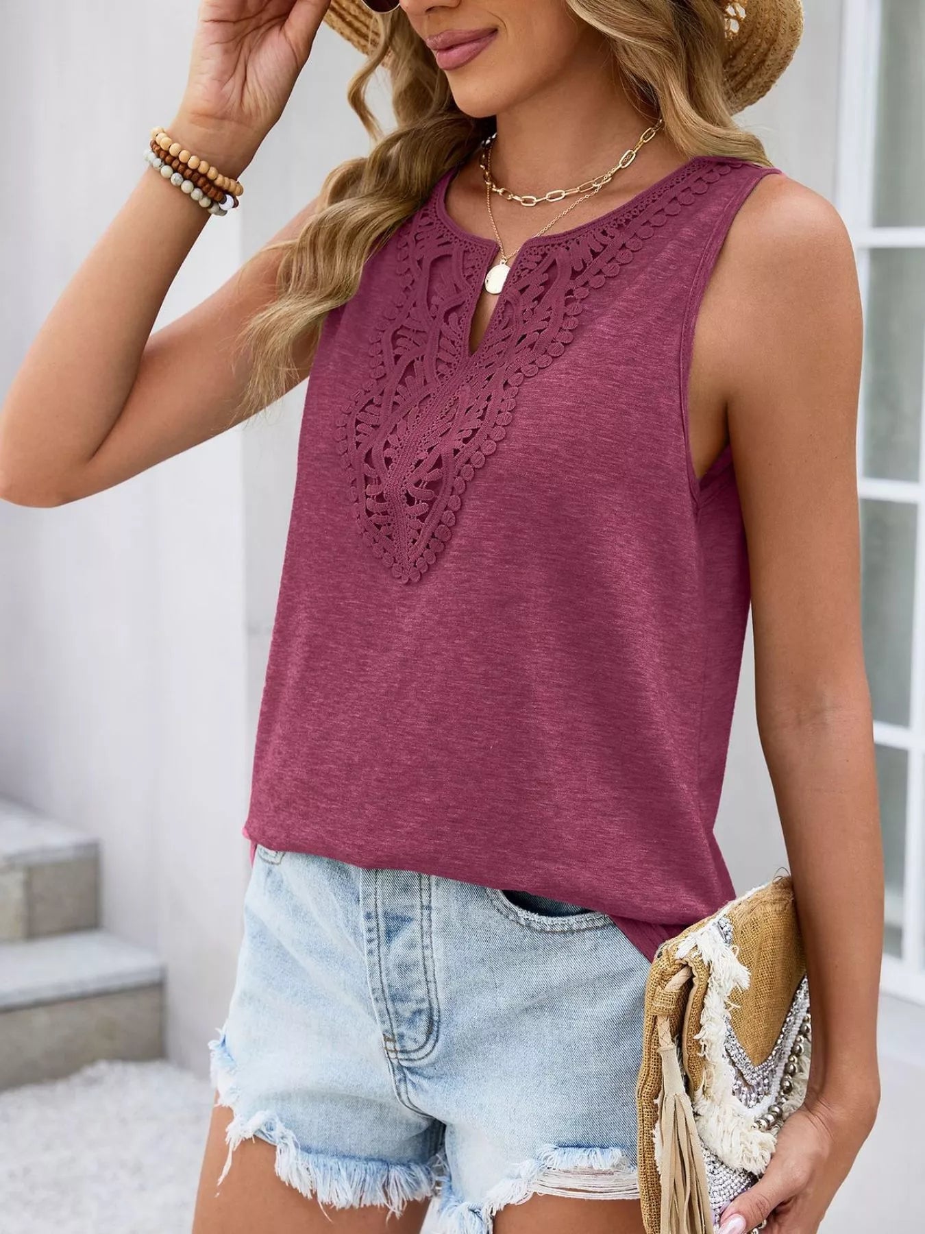 Lace Trim Sleeveless Tank Top - ShopNQlik