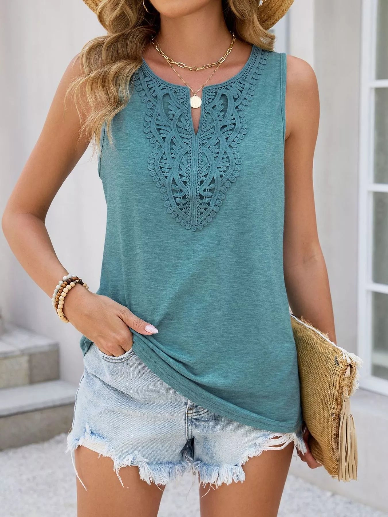 Lace Trim Sleeveless Tank Top - ShopNQlik
