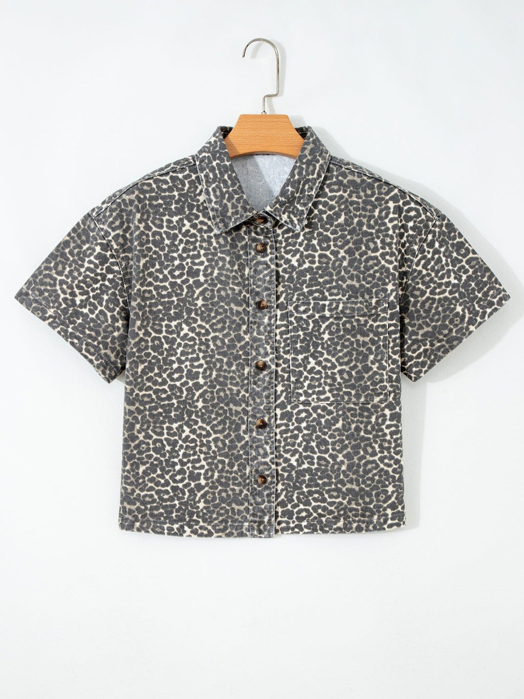 Leopard Print Short Sleeve Denim Shirt - ShopNQlik