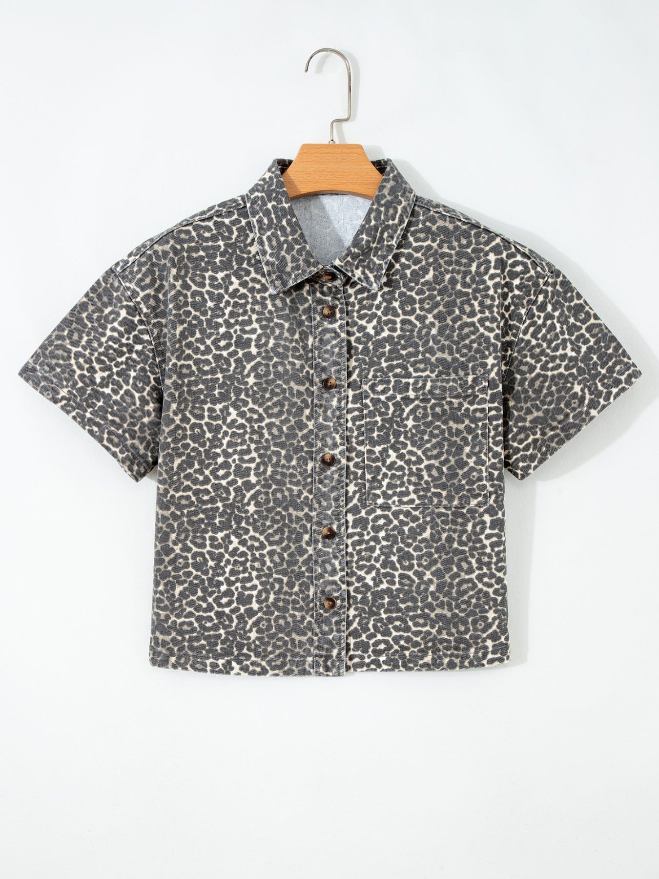 Leopard Print Short Sleeve Denim Shirt - ShopNQlik