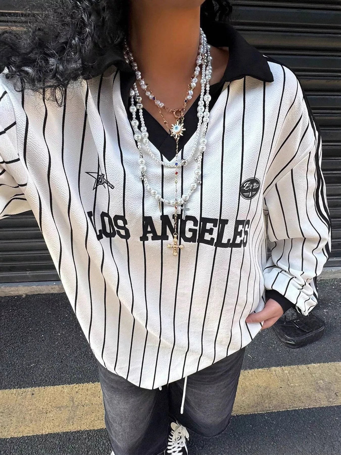 Los Angeles Striped Long Sleeve Top | Street Style | White - ShopNQlik