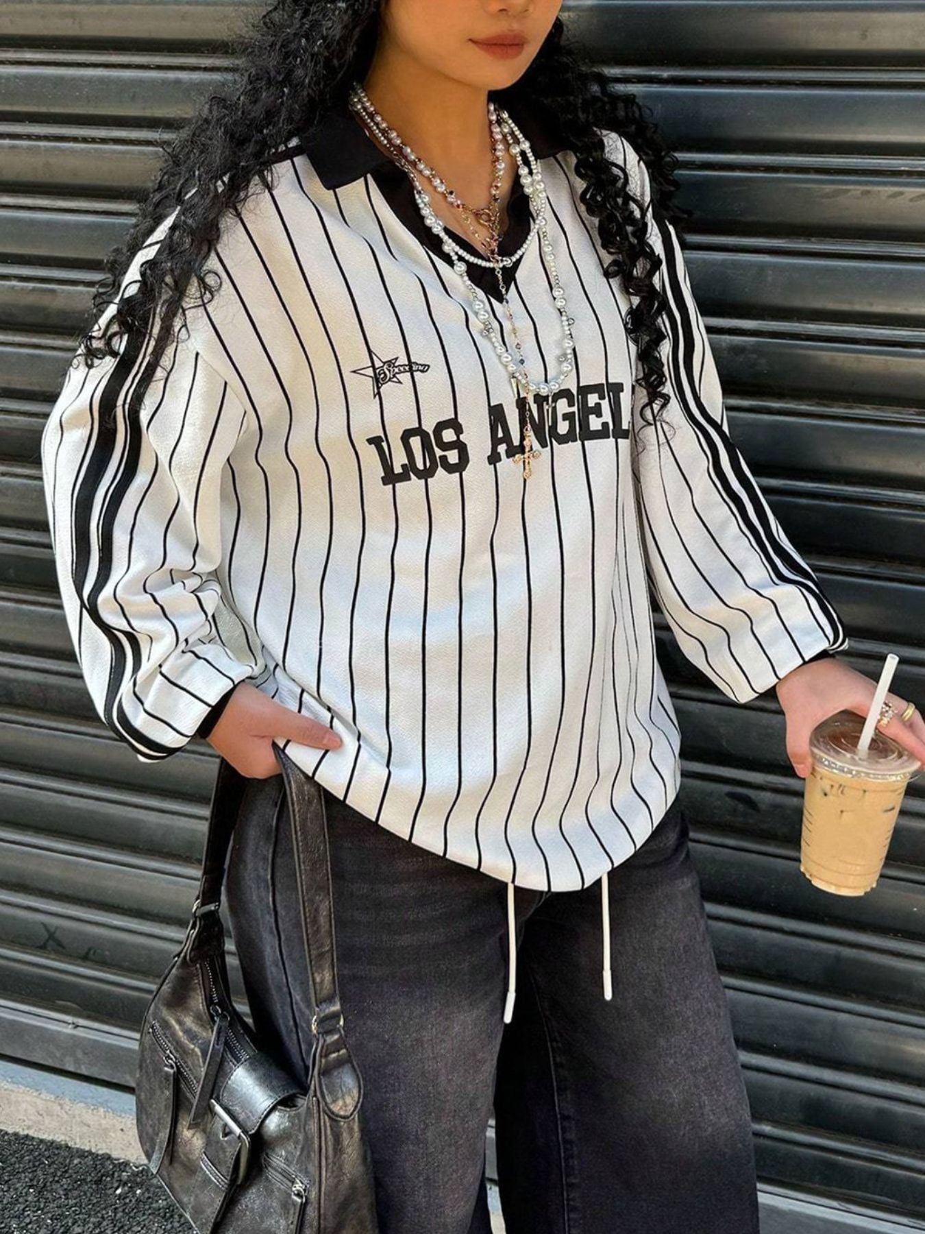 Los Angeles Striped Long Sleeve Top | Street Style | White - ShopNQlik
