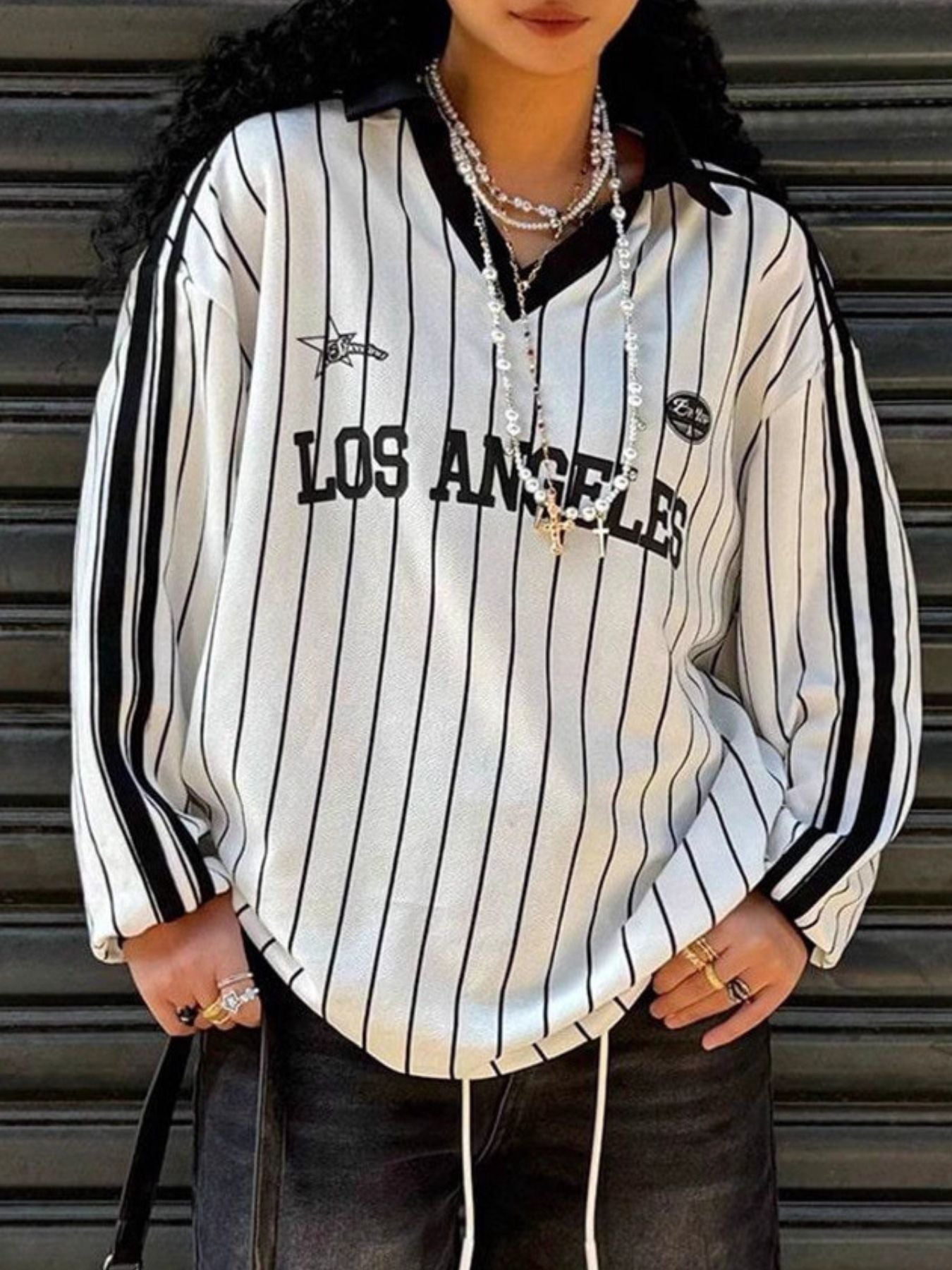 Los Angeles Striped Long Sleeve Top | Street Style | White - ShopNQlik