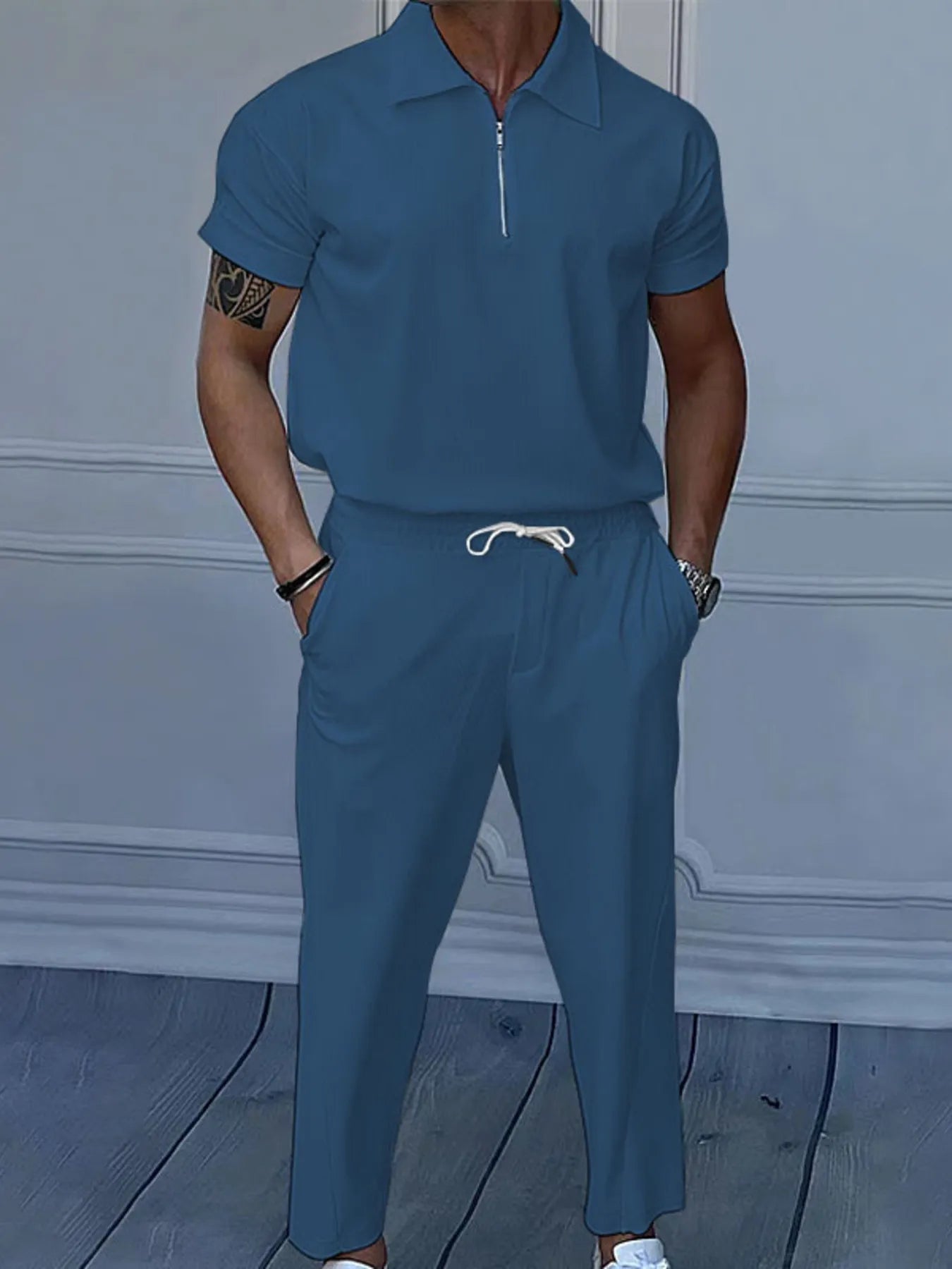 Men's Full Size Quarter Zip Short Sleeve Polo and Pants Set Plus Size - ShopNQlik