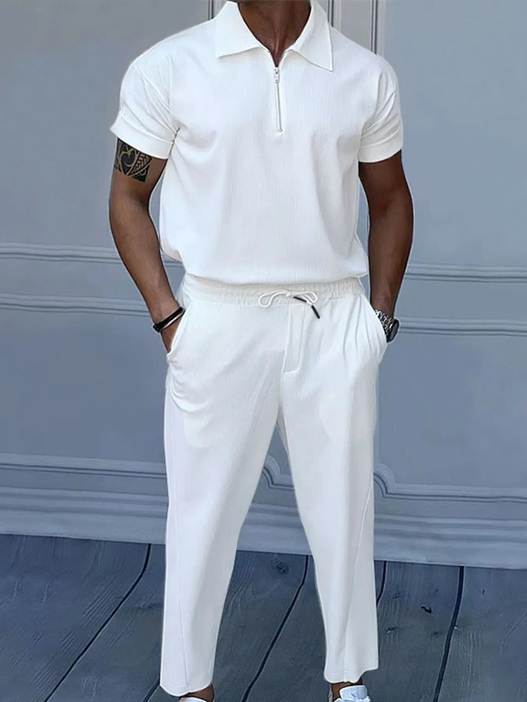 Men's Full Size Quarter Zip Short Sleeve Polo and Pants Set Plus Size - ShopNQlik