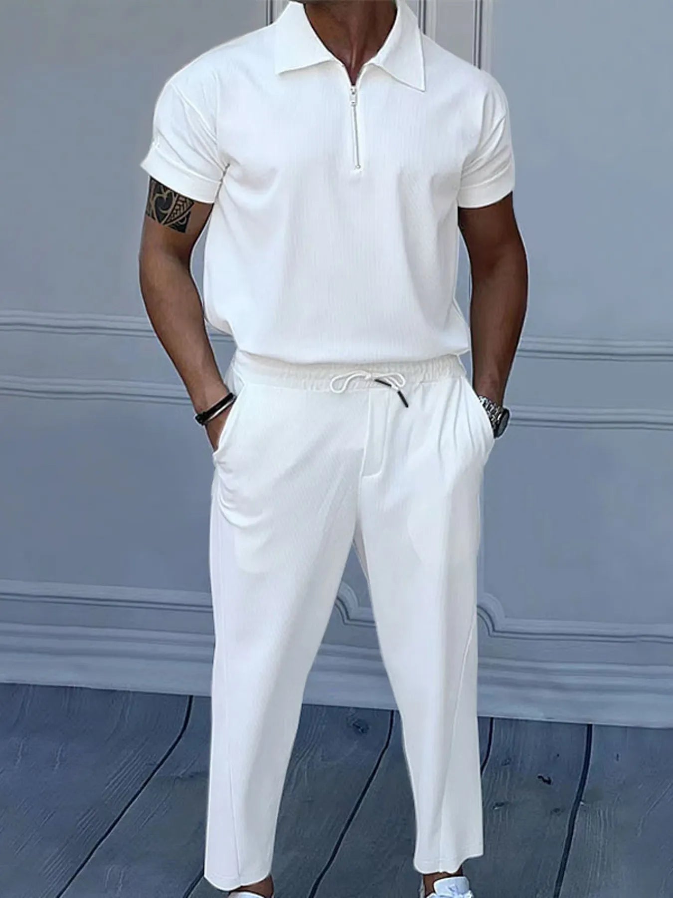Men's Full Size Quarter Zip Short Sleeve Polo and Pants Set Plus Size - ShopNQlik