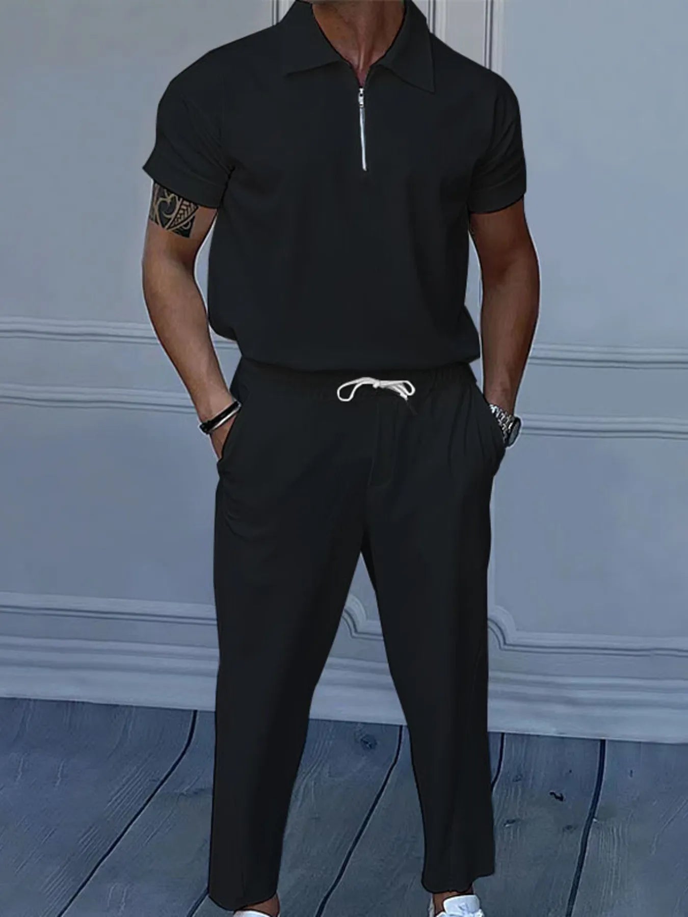 Men's Full Size Quarter Zip Short Sleeve Polo and Pants Set Plus Size - ShopNQlik