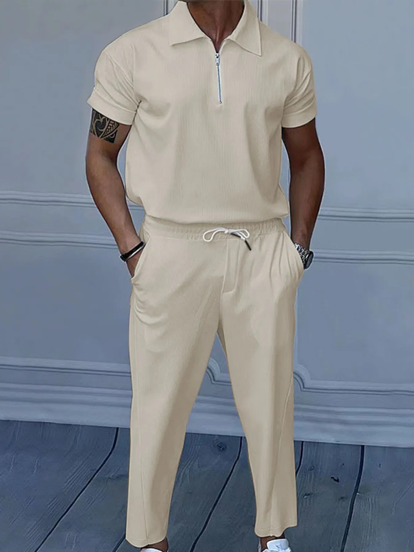Men's Full Size Quarter Zip Short Sleeve Polo and Pants Set Plus Size - ShopNQlik