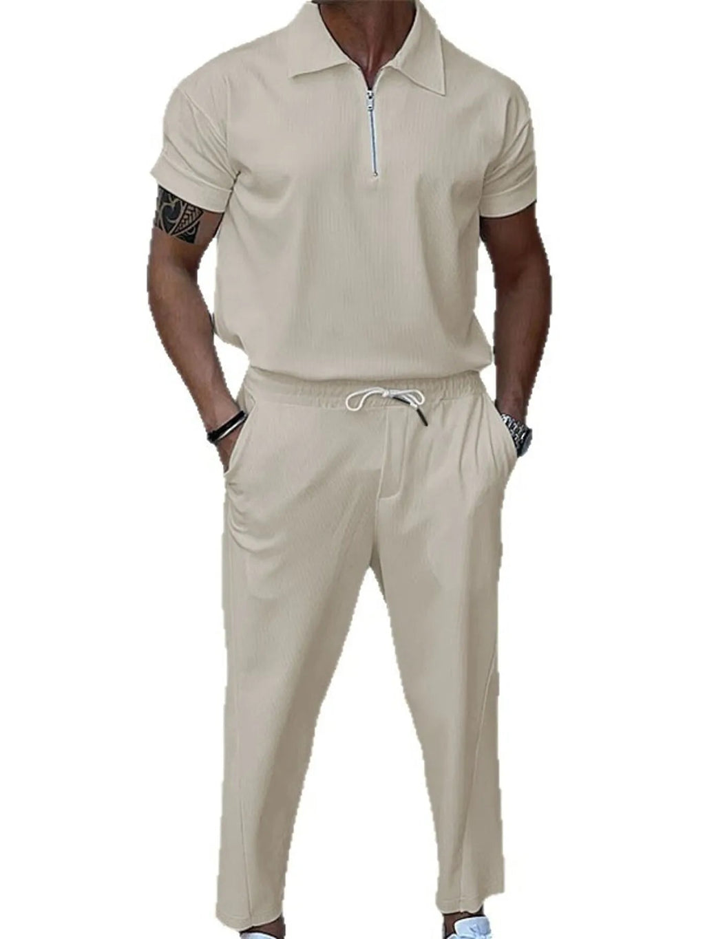 Men's Full Size Quarter Zip Short Sleeve Polo and Pants Set Plus Size - ShopNQlik