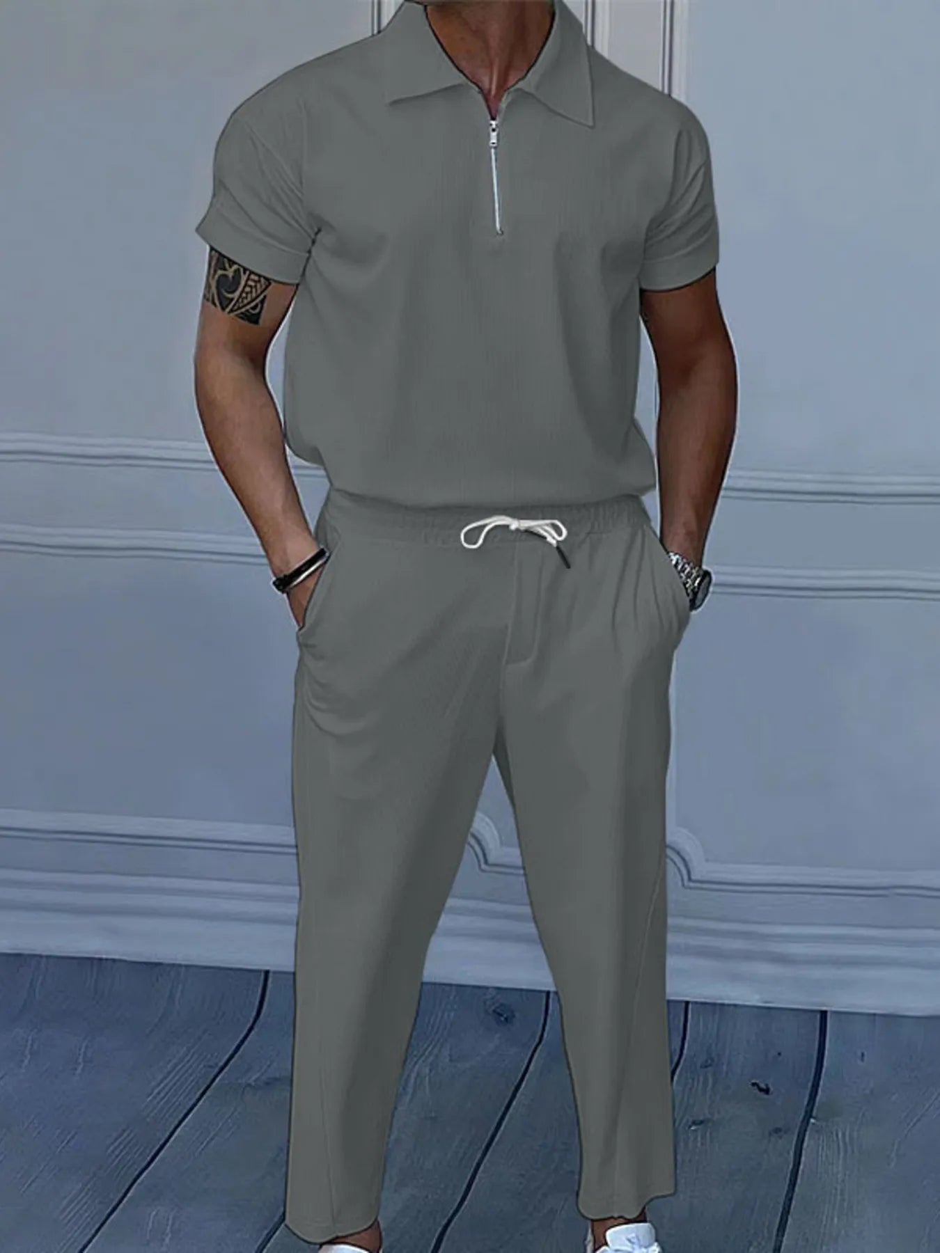 Men's Full Size Quarter Zip Short Sleeve Polo and Pants Set Plus Size - ShopNQlik