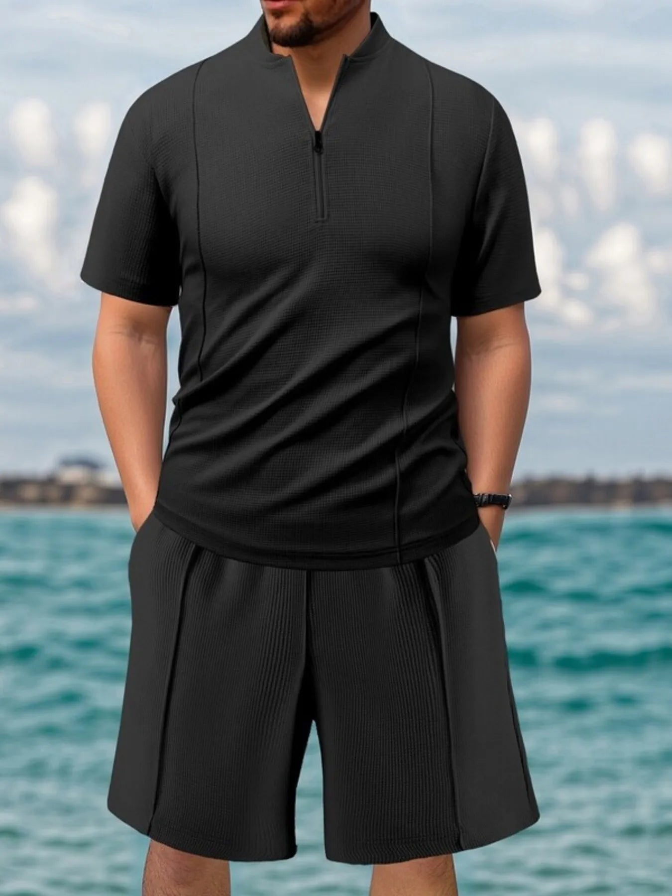Men's Full Size Zip Front Short Sleeve Top and Shorts Set Plus Size - ShopNQlik