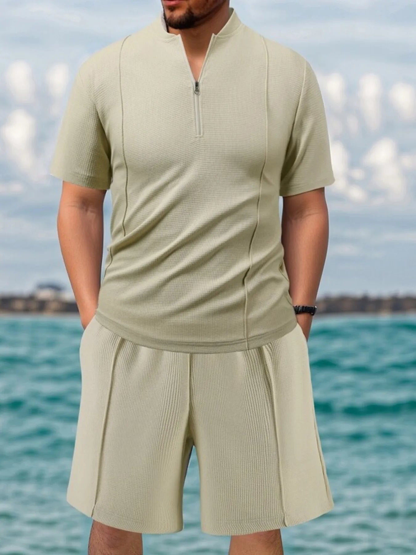 Men's Full Size Zip Front Short Sleeve Top and Shorts Set Plus Size - ShopNQlik
