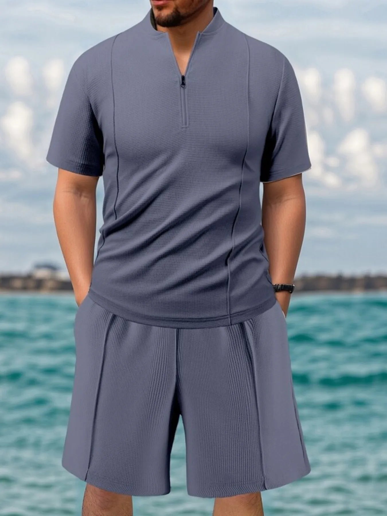 Men's Full Size Zip Front Short Sleeve Top and Shorts Set Plus Size - ShopNQlik