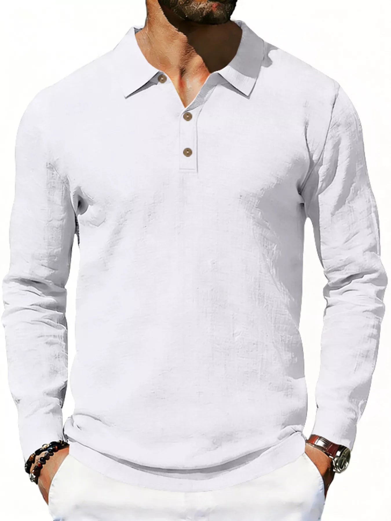 Men's Linen Long Sleeve Polo — Classic Fit, Plus Size (S–3XL) - ShopNQlik