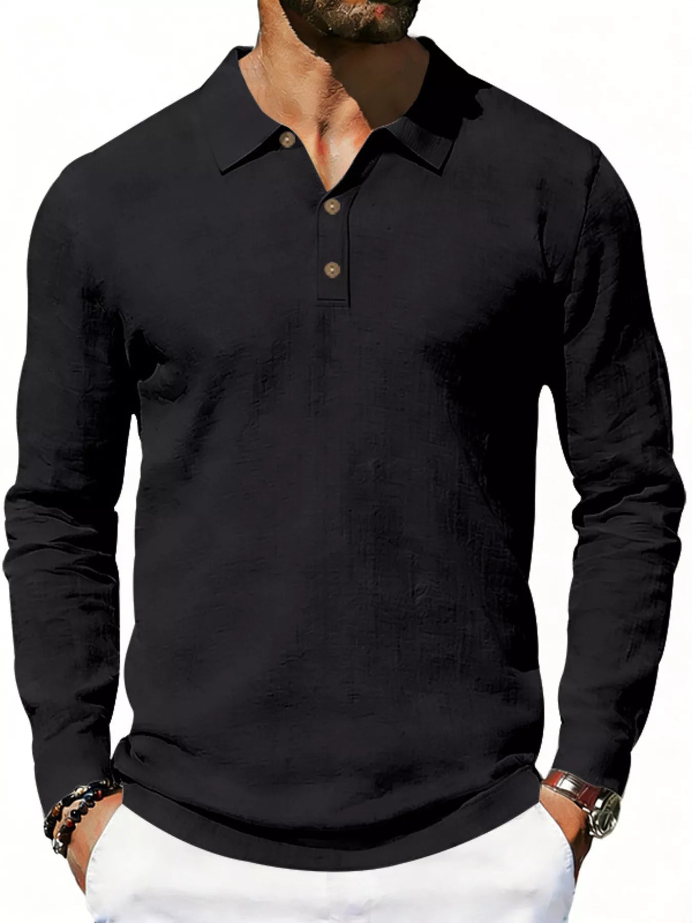 Men's Linen Long Sleeve Polo — Classic Fit, Plus Size (S–3XL) - ShopNQlik