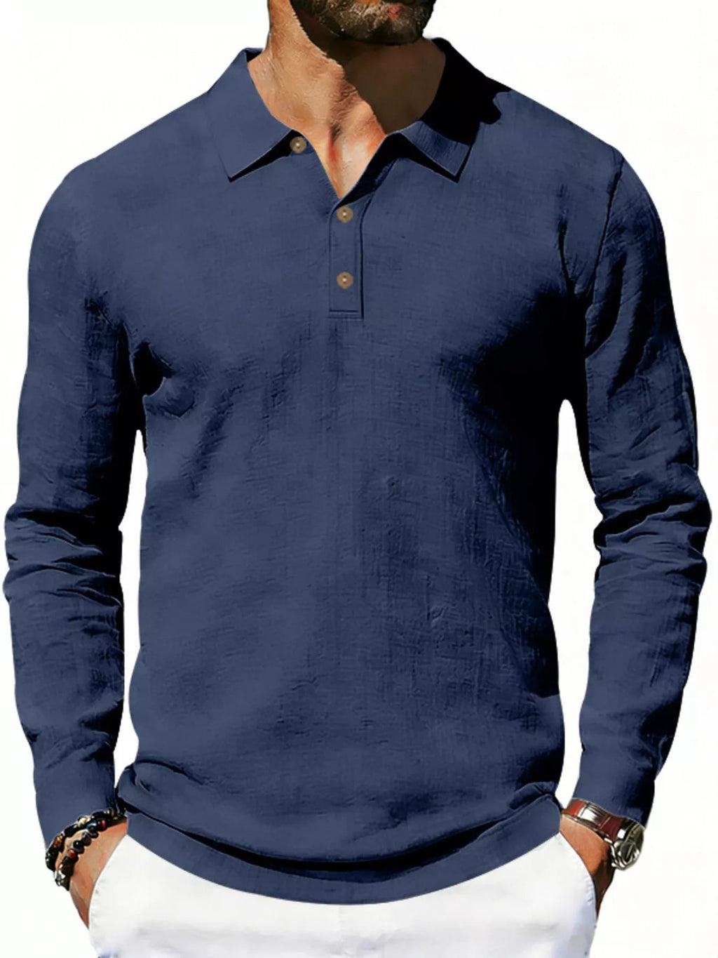 Men's Linen Long Sleeve Polo — Classic Fit, Plus Size (S–3XL) - ShopNQlik