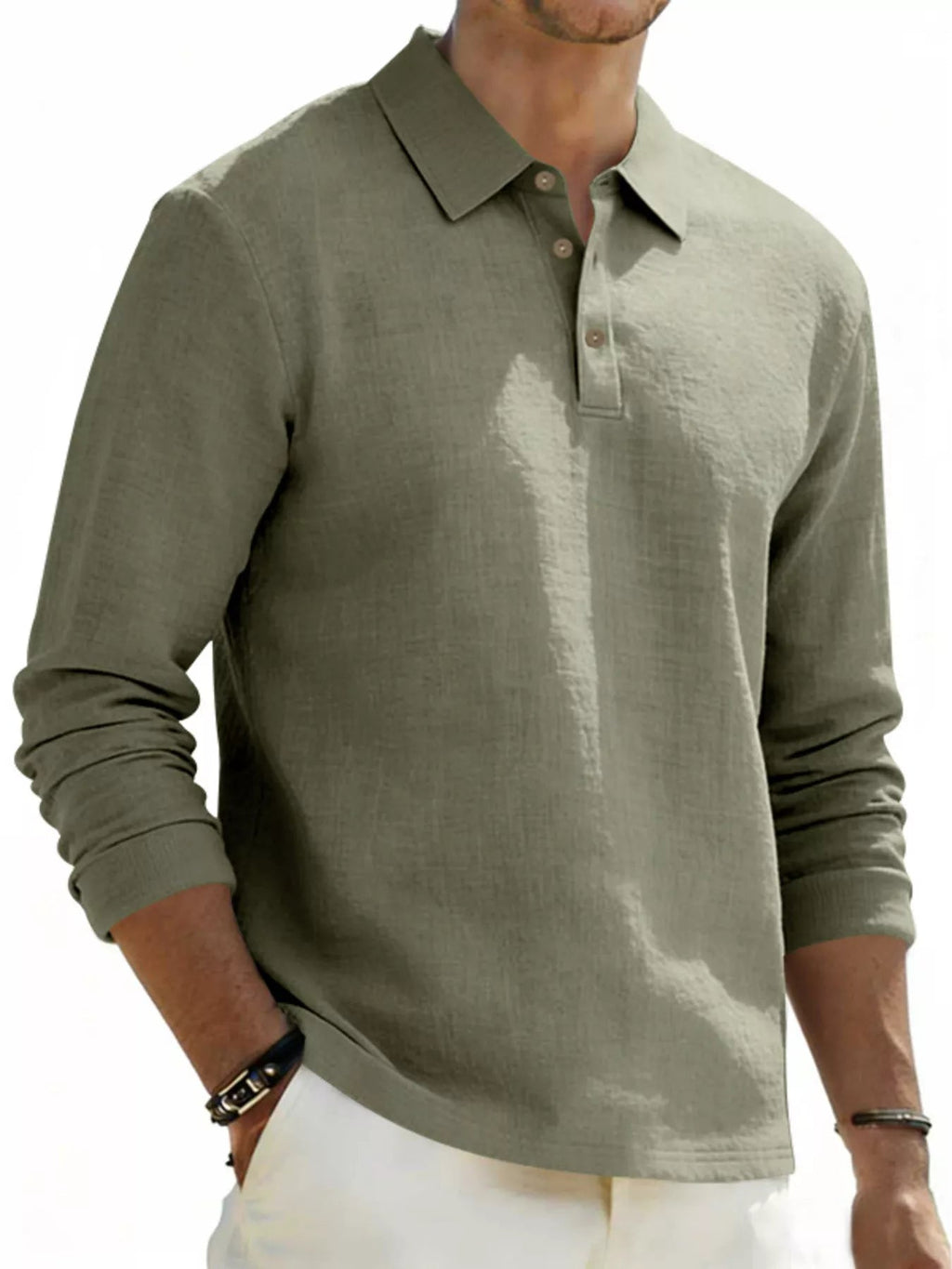 Men's Linen Long Sleeve Polo — Classic Fit, Plus Size (S–3XL) - ShopNQlik