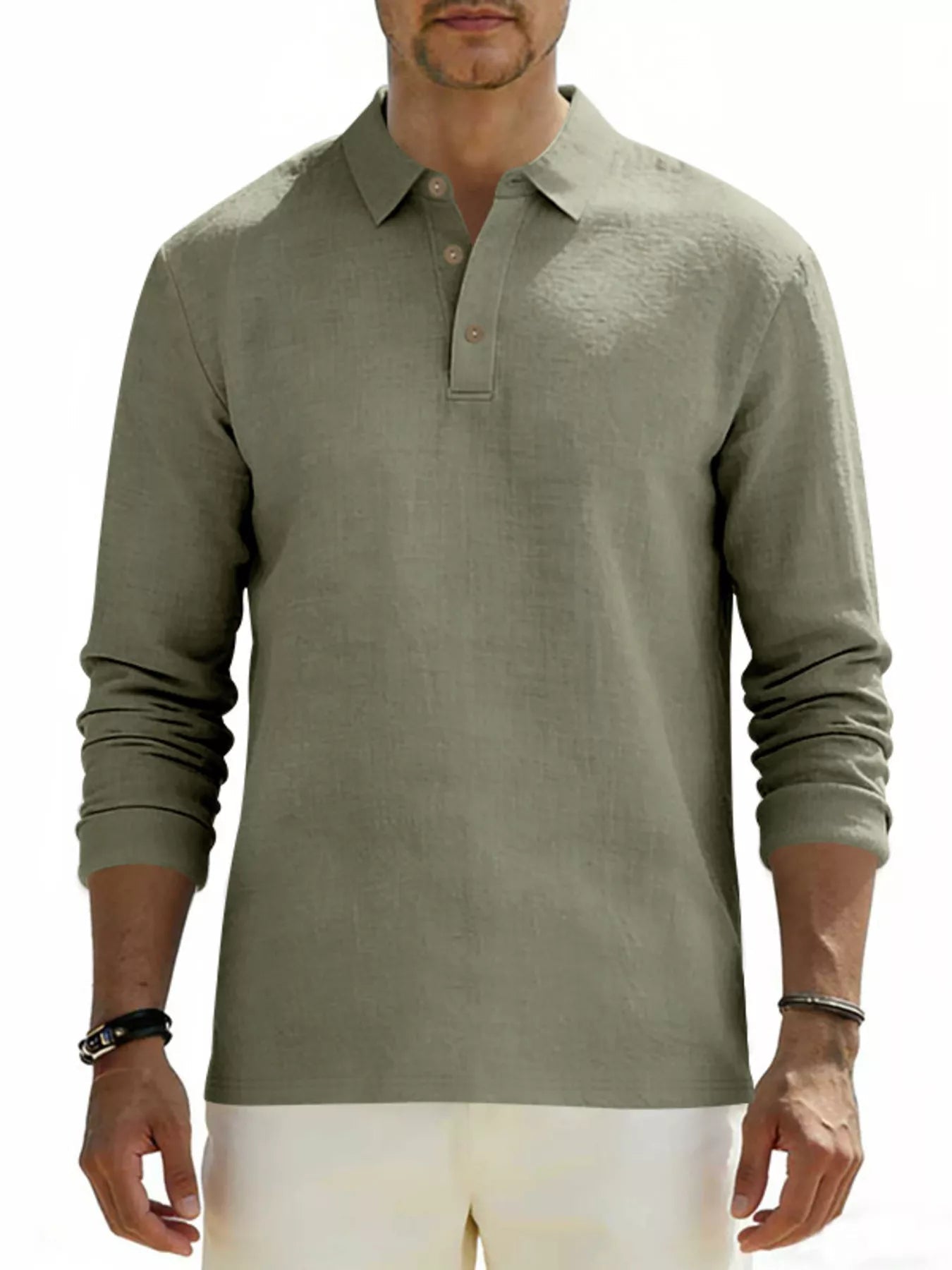 Men's Linen Long Sleeve Polo — Classic Fit, Plus Size (S–3XL) - ShopNQlik