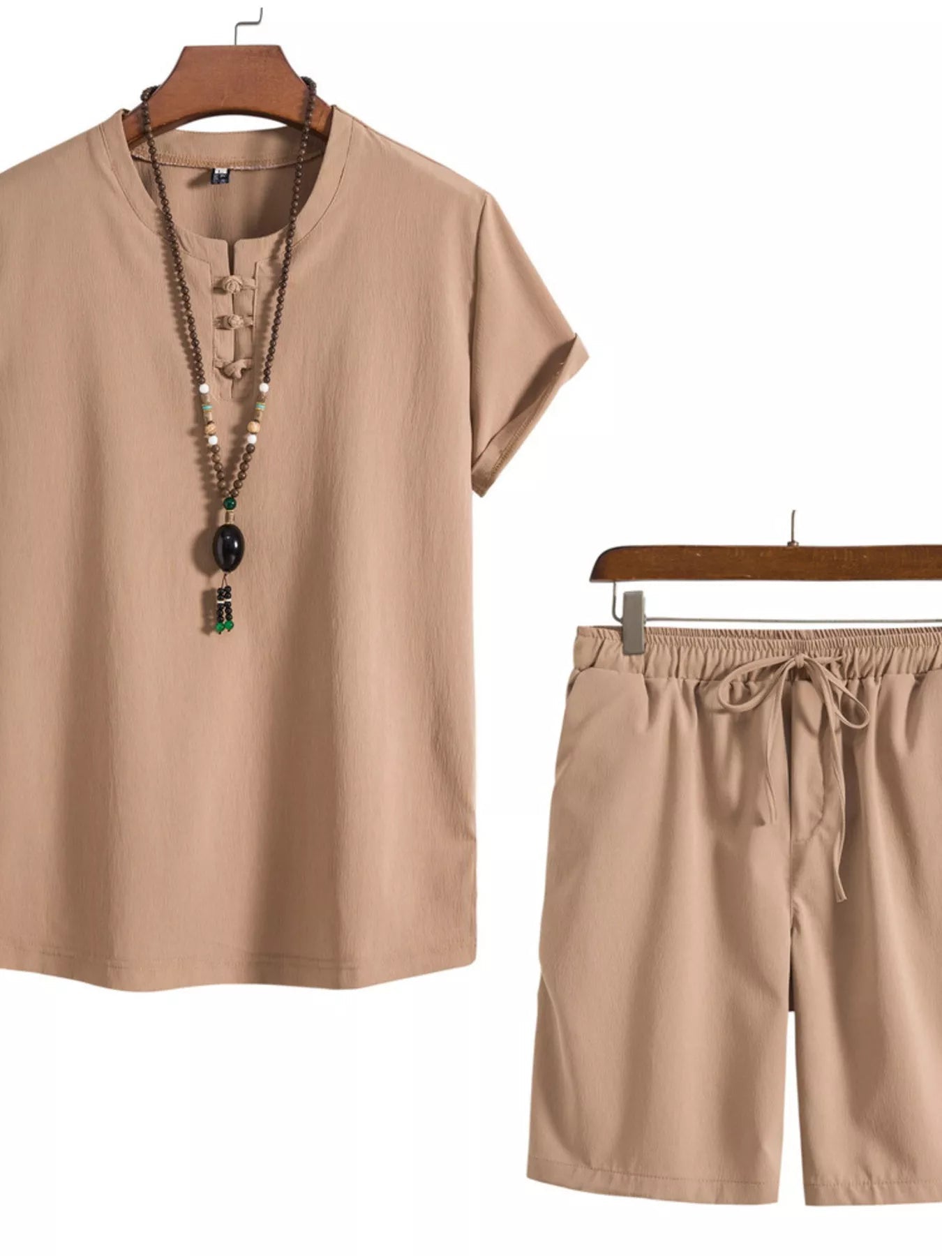 Men's Mandarin Collar Shirt & Shorts Set — Plus Size (M–5XL) - ShopNQlik