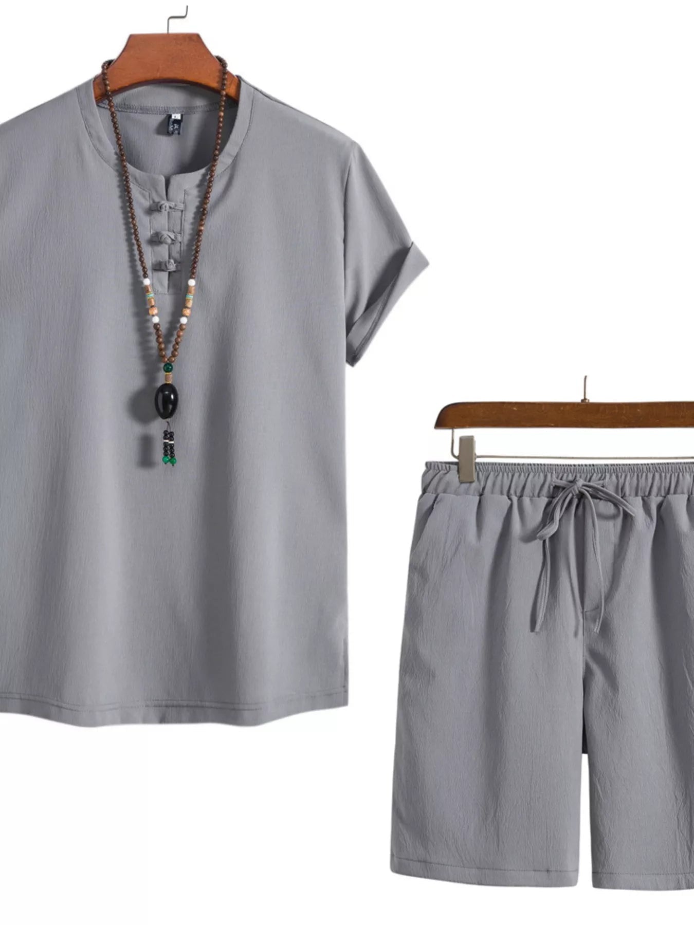 Men's Mandarin Collar Shirt & Shorts Set — Plus Size (M–5XL) - ShopNQlik