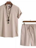 Men's Mandarin Collar Shirt & Shorts Set — Plus Size (M–5XL) - ShopNQlik