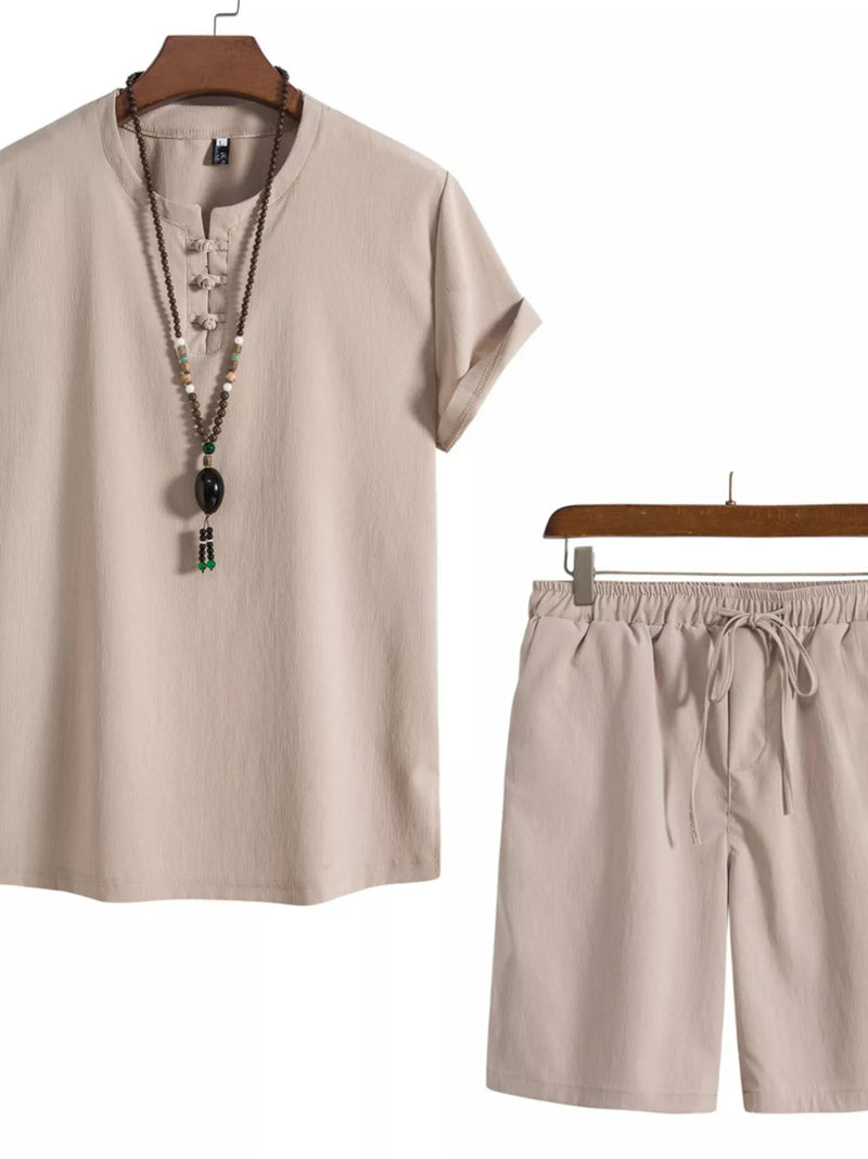 Men's Mandarin Collar Shirt & Shorts Set — Plus Size (M–5XL) - ShopNQlik