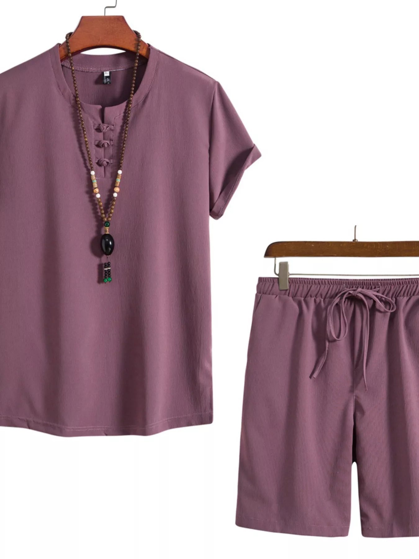 Men's Mandarin Collar Shirt & Shorts Set — Plus Size (M–5XL) - ShopNQlik