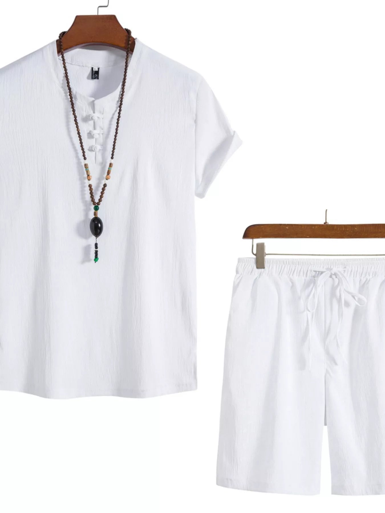 Men's Mandarin Collar Shirt & Shorts Set — Plus Size (M–5XL) - ShopNQlik