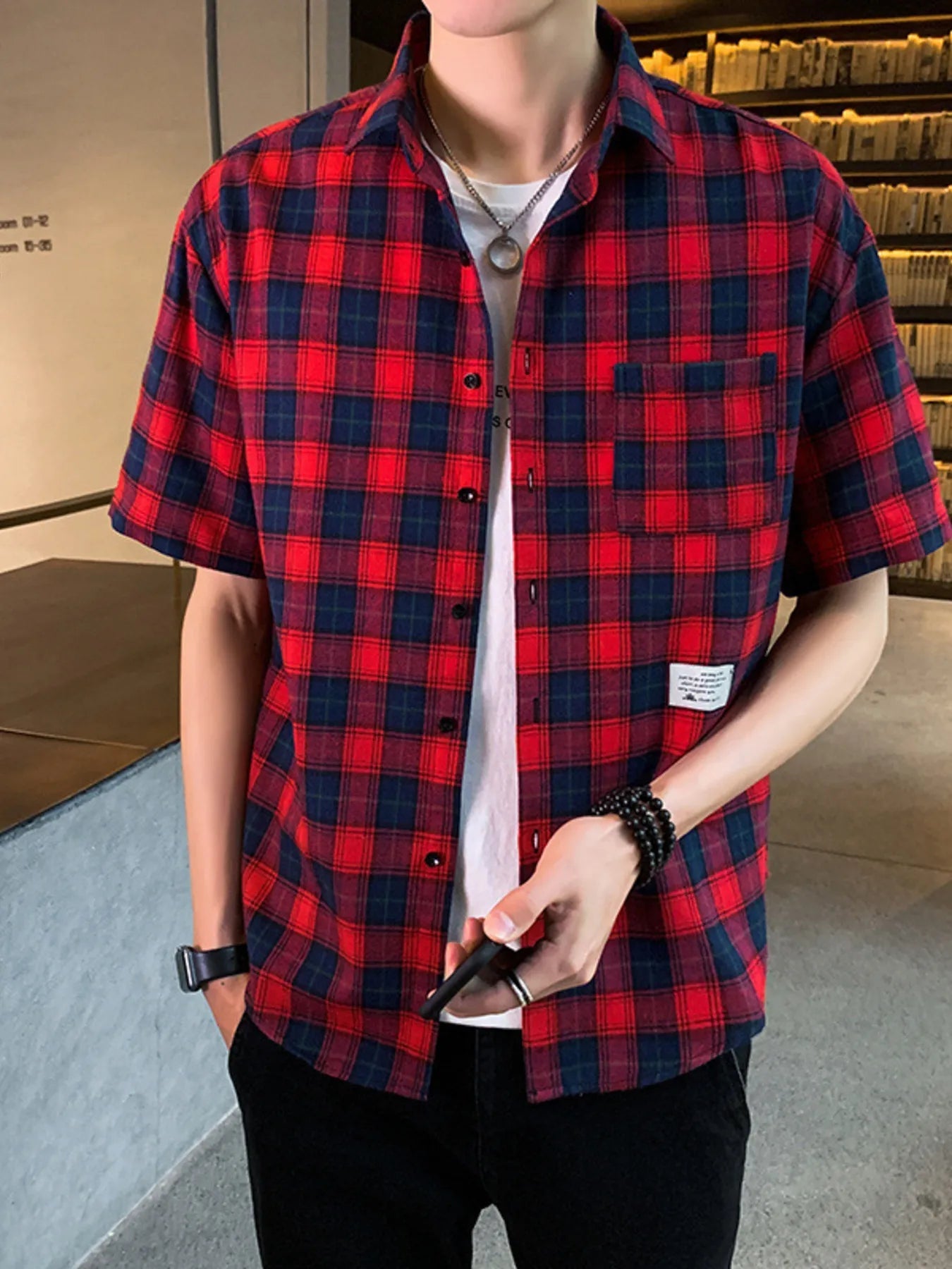 Men's Plaid Short Sleeve Shirt with Pocket — Plus Size (M–4XL) - ShopNQlik